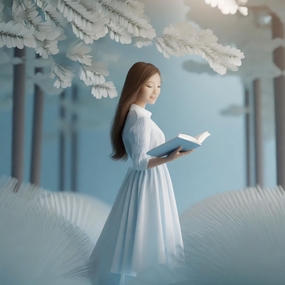 白裙美女看书模型设计图片